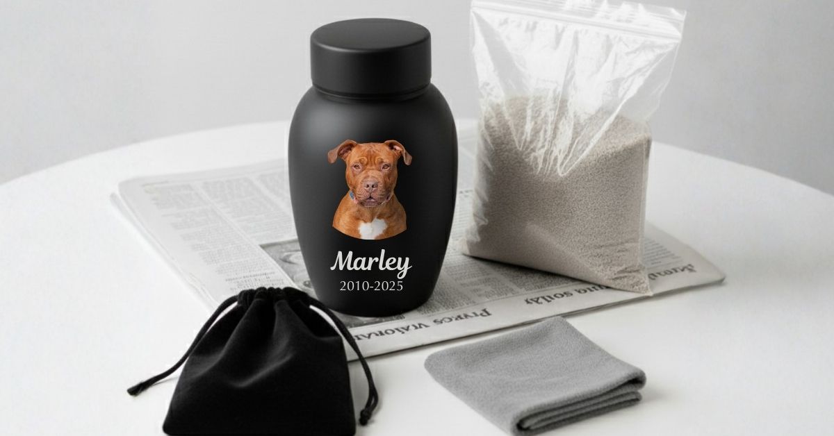 Personoitu musta lemmikkiuurna koiralle nimeltä Marley työpisteellä tuhkapussin, samettipussin ja pehmeän liinan kanssa